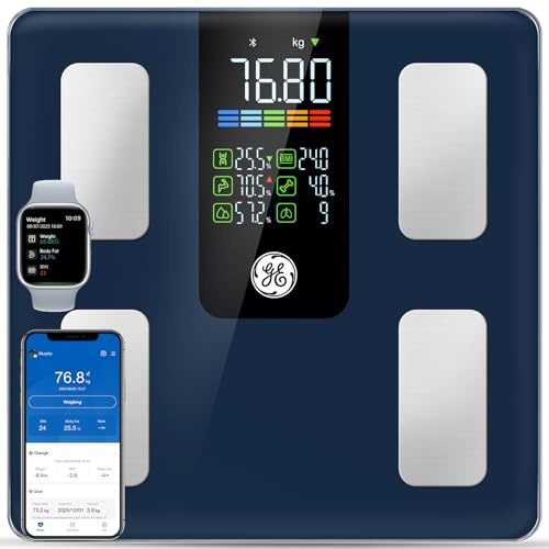 GE Báscula inteligente para el peso corporal: báscula digital de grasa corporal de baño de 500 libras para IMC muscular Bluetooth, monitor de peso inteligente de 11.8 pulgadas, máquina de pesaje de
