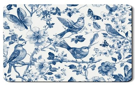 Bird and Floral Dish Drying Mats For Kitchen Counter, Blue Vintage Absorbent Rubber Dish Drainer Mat, Spring PU Leather Drying Pad For Coffee Bar Protector 12x20 Inch