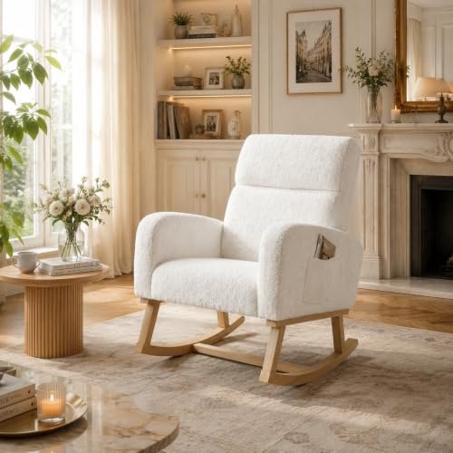 QLTXYHML Fauteuil à Bascule, Chaise a Bascule Allaitement,Rocking Chair avec Autocollants antidérapants, avec Poches latérales,pour Salon, Chambre à Coucher, Bureau,Blanc