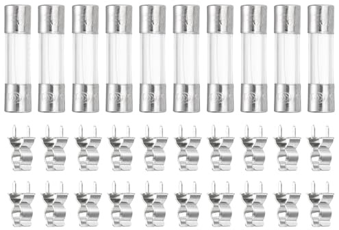 sourcing map Glass Tube Fuses, 5x20mm 5A 250V Quick Fast Blow Glass Cartridge Tube Fuse with 20pcs Safety Clip for Replacing or Repairing Many Home Electronics(Pack of 10)