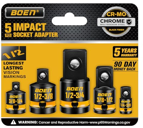 boen PRO 5-Piece Impact Socket Adapter Set and Reducer Set, (1/4, 3/8, 1/2) Drive Size Converters for Impact Wrenches, CR-MO Steel, Embossed and Painted Marking