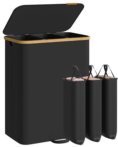 SONGMICS tvättkorg med lock, tvättsorterare, tvättunna, urtagbar tvättpåse, bamburam, för tvättstuga, sovrum, 3 fack, 170 liter, bläcksvart LCB533BH01 | Tvättsorterare, avtagbar tvättpåse, för tvättstuga, sovrum, bläcksvart, ROXANNE kollektion LCB533BH01