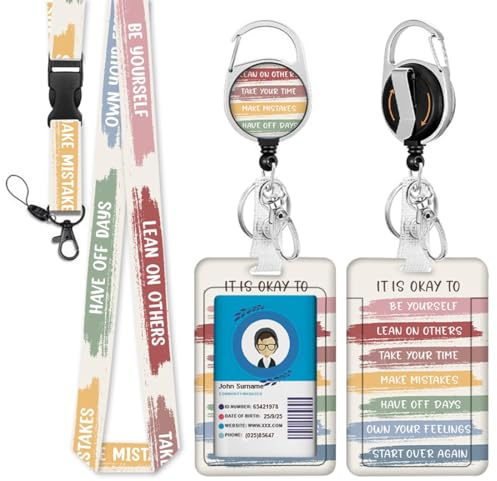 YAZWUR Modische Sliding Ausweishülle mit einziehbarem Badge Reel, Karabiner Clip, abnehmbarer Lanyard Strap & geprägtem vertikalen Karten-Schutz (Regenbogen-Stripes, farbige Streifen)