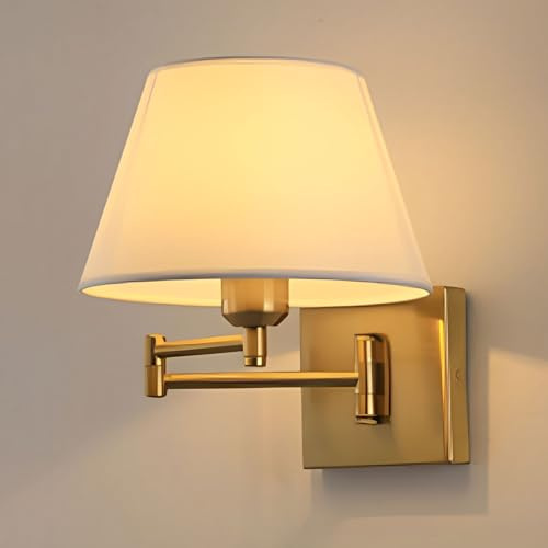 TaleTre Aplique de pared elegante dorado con brazo articulado - Lámpara de interior ajustable con cableado fijo y pantalla de tela para dormitorio, sala de estar y pasillo.(Gold,White Shade)