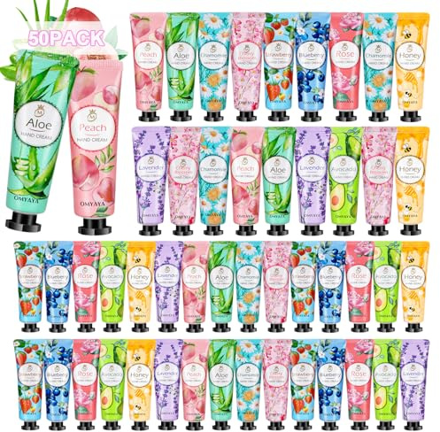 Lot de 50 mini crèmes pour les mains avec 10 crèmes parfumées hydratantes pour les mains sèches - Cadeau pour collègue, petite amie, anniversaire, Noël, Saint-Valentin