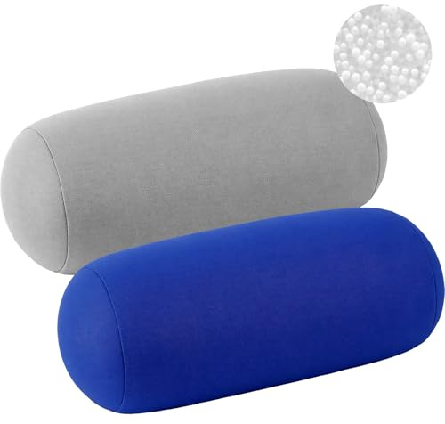 2 Stück Mikroperlen Nackenrolle, Zylindrisches Nackenstützkissen Weiches Bolster Kissen mit Mikroperlen für Schlafen, Büro und Reise, für Kopf-, Nacken- und Rückenstütze, 30 x 16 cm (Grau, Blau)