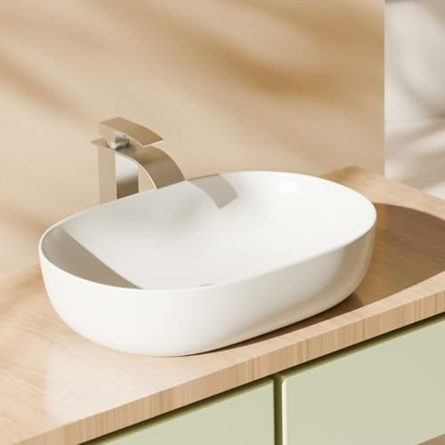 EMKE Aufsatzwaschbecken aus Keramik, Ovales Waschbecken, 595 x 415 x 146 mm Handwaschbecken ohne Hahnloch, Kratzfest Waschbecken Bad für Badezimmer und Gäste-WC, Weiß