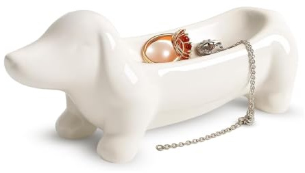 Bandeja Decorativa de Cerámica Perro Salchicha, Vaciabolsillos Recibidor Blanco Minimalista, Plato para Joyas, Anillos y Llaves, Decoración Hogar Elegante, Regalo Ideal, Fácil de Limpiar (15,5x4,5cm)