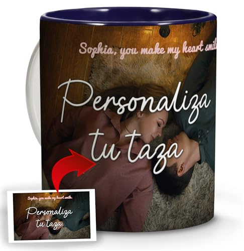Taza Personalizada con Foto y Texto. Regalos Especiales para Pareja. Regalo Personalizado. Tazas Desayuno Originales. San Valentín Tazas. Caneca Personalizada. Personalizar Taza. Interior Azul Oscuro