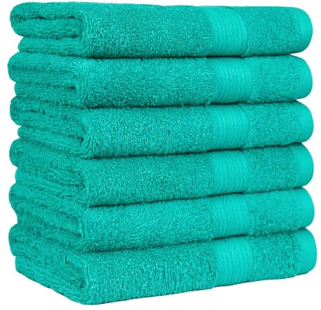 Amazon Basics Fade-Resistant 100% Cotton Hand Towels for Bathroom, Soft Absorbent, 26 x 16 inches, Teal, 6-Pack