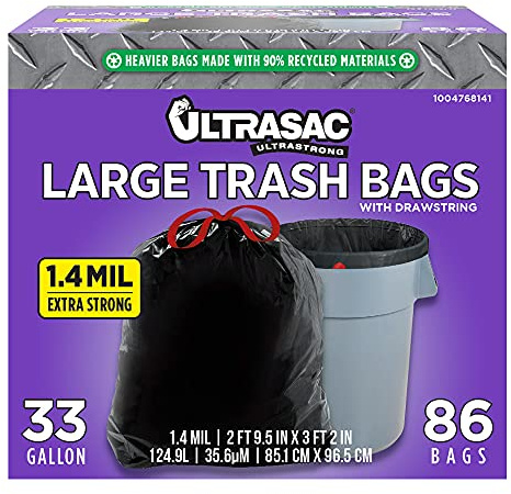 Ultrasac Black Large Heavy Duty Drawstring Trash Bags 33 Gallon 1.4 MIL, 33.5 x 38 - Pack of 86 - For Home, Commercial, Construction, & Outdoor