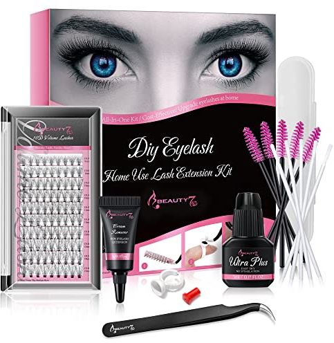 Beauty7 DIY wimpernverlängerung Wimpern Set Selbstanwendung Semipermanenter Wimpern Extensions Set 10D C Curl Einzeln Volumen Wimpern Wimpern Extensions set mit kleber Entferner Cream Pinzette