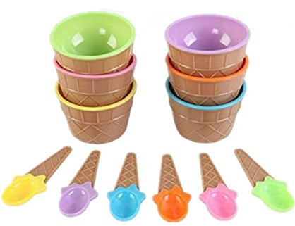 Giftik Återanvändbar glasskål, set med 6, glasskoppar i plast med skedar, godisfärg, festliga dessertskålar, gör-det-själv-glasverktyg (flerfärgad)