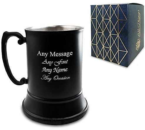 Personalised Engraved Black Metal Tankard with Gift Box, Personalise with Any Name or Message for Any Occasion