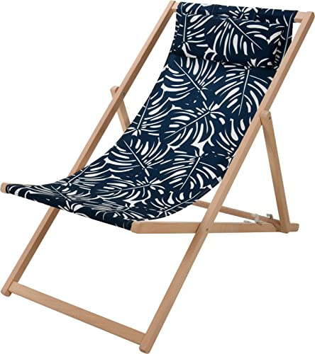 Muddy Hands Blue Tropical Print Wooden Deck Chair Adjustable Folding Outdoor Garden Seaside Beach Sun Lounger Chair