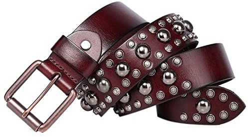 WRJAHCG Belt Men,Nietengürtel Damenvintage Geschnitzte Schnalle Niet Rindsleder Herren Pflanzlich Gegerbtes Leder Gürtel,Braun,115cm/45.3''