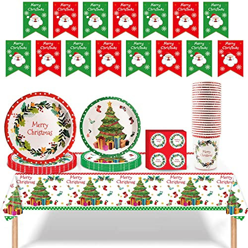 112Pcs Christmas Paper Plates, Christmas Tableware, Paper Plates and Napkins Set, Disposable Dinner Plate, Xmas Theme Party Supply Set, Xmas Party Tableware with Cup & Tablecloth