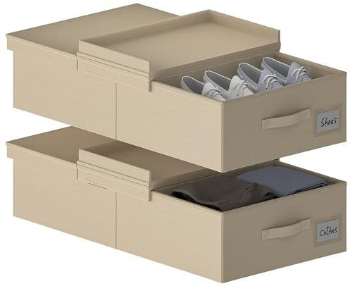 Unterbett-Aufbewahrungsbehälter mit Deckel – 2 Stück Unterbett-Aufbewahrungsbehälter, faltbar, stapelbar, stabile Kleideraufbewahrung, Organizer (groß, 81,3 x 43,2 x 15,2 cm, Beige)