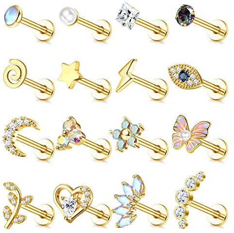 Adramata 16G Helix Piercing Set - 16 Pcs Chirurgenstahl Ohrringe mit Schmetterling Blume Conch Ohrstecker Knorpel für Tragus Ohr - Silber Gold für Damen