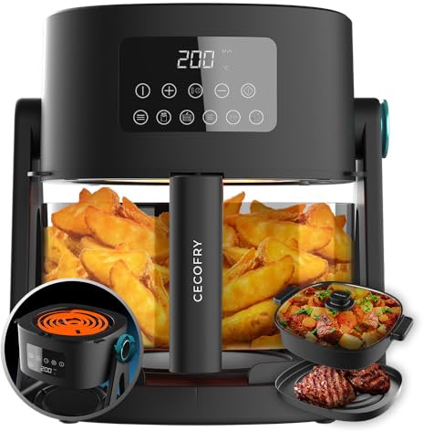 Cecotec Friteuse à Air sans Huile de 4,5 L Air Fryer Cecofry Flip&Grill 4500. 1500 W, 3 en 1 : Friteuse, Gril et Marmite, 6 Menus, Cuve en Verre, Température et Temps Réglables, Accessoires