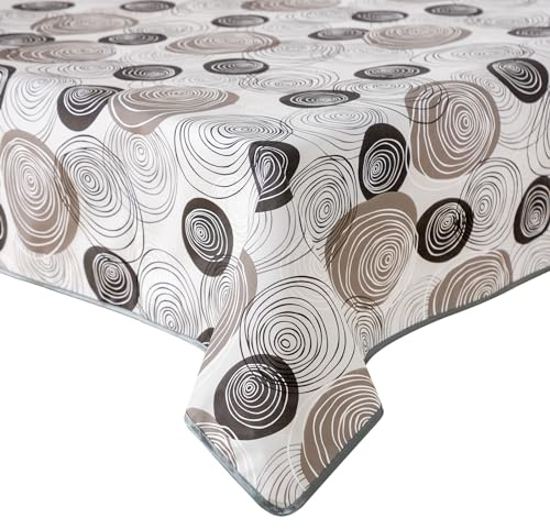 Tischdecke abwaschbar - Wachstuchtischdecke Rund 140 cm - rutschfest & wasserfest aus PVC mit Retro-Kreismuster, Vlies-Unterseite & Paspelrand - für Küche, Esszimmer, Garten & Balkon