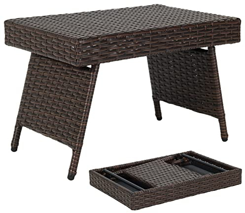 COSTWAY Folding Rattan Coffee Table, Outdoor Wicker Weave Side Table Small Garden Table, Space Saving Portable Metal Frame Patio Bistro Drinks Dining Tea Table, 60x40x40cm (with Adjustable Foot Pads)