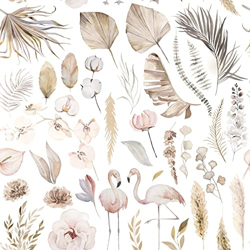 VEELIKE Tapeten Blumen Weiß Aquarell Flamingos Blumentapete Vintage Tropische Blätter Fototapete Schlafzimmer Romantik Mustertapete Möbelfolie Selbstklebend Schrankaufkleber Badezimmer 44.5cmx300cm