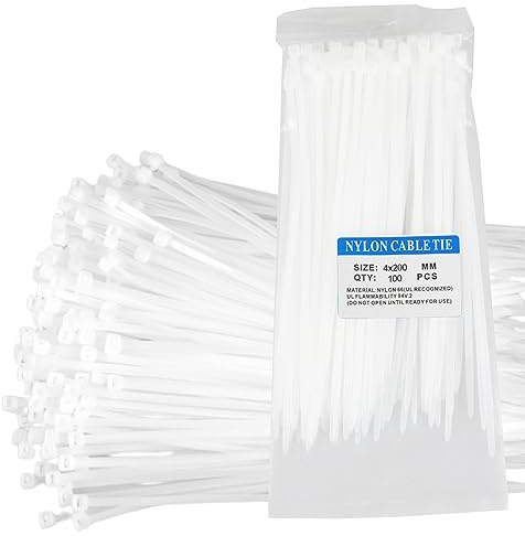 200 Pcs White Cable Ties, Nylon Zip Ties, 200mm x 3.6mm Plastic Tie Wraps, Secure Self-Locking Mechanism for Home, Garden, Office and DIY-White