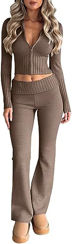 LILLUSORY 2 Two Piece Matching Sets 2025 Fall Fashion Y2K Winter Flare Legging Pants Set Sexy Knit Cute Zip up Hoodies Sweatsuit Lounge Trendy Sweat Suit Airport Clothes Outfits