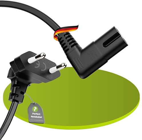 Perfect Stromkabel Netzkabel 2 Polig, 2,0m, Netzstecker Eurostecker Typ C auf Euro 8 Stecker IEC C7 Buchse, 90° Winkel Strom Kabel Netzteil für Haushaltsgeräte, PS3, PS4, PS5, TV UVM, Schwarz