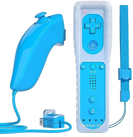 TechKen Remote Controller for Wii, Built-in 2 in 1 Motion Plus with Silicon Case and Nunchuck (Blue)