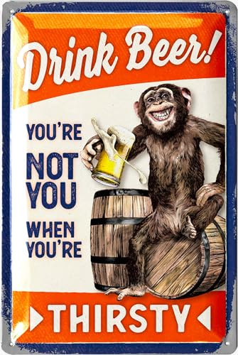 LANOLU Vintage Blechschild Bieraffe Deko Metallschild Lustig TRINK BIER AFFE blechschilder retro, Geschenke für Bierliebhaber 20x30cm