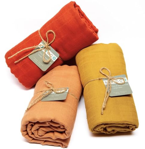 BEBICCO Puckdecke / Wickeltuch für Babys (Rot – Senfgelb – Aprikose, 120 x 120 cm)