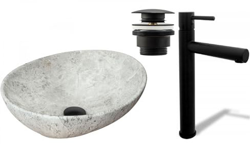 GTM Design Aufzatzwaschbecken mit Armatur - Waschbecken mit Hahn - Waschbeckenarmatur schwarz Matt - Aufzatzwaschbecken Oval - Waschbecken Steingrau Matt - Aufsatzwaschbecken mit Armatur komplett Set