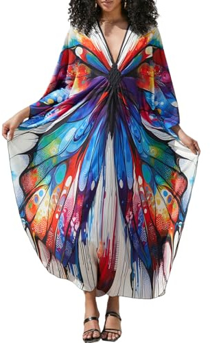 Bsubseach Turkisk baddräkt för kvinnor kaftan, strand, täckt baddräkt, kaftan, långa klänningar, A-färgglad fjäril, One Size