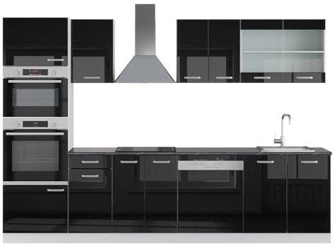 Vicco Küchenzeile R-Line, Schwarz Hochglanz, 300 cm | 8 Module · Höhenverstellbare Füße · AP Anthrazit inkl. · Robuste Fronten · Mit Backofen-/Mikrowellenschrank