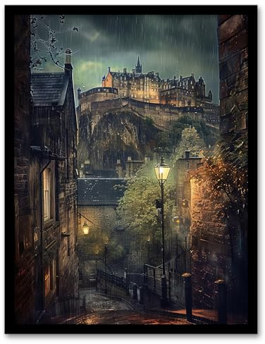 Artery8 Edinburgh Castle Atmospheric Scotland Night Rain Living Room Art Print Framed Poster Wall Decor 12x16 inch