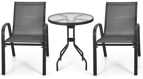 KOMFOTTEU Juego de Bistró de Tejido Textileno, Conjunto de Jardín de 3 Piezas con 2 Sillas Textilene y 1 Mesa de Cristal, Juego de Conversación para Balcón, Terreza, Patio
