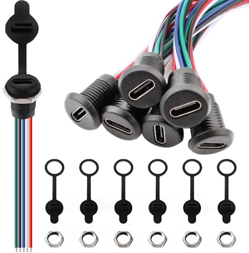 VISSQH 6 PCS USB Type-C Female Chassis,3A 5-pin USB C Soldering Jack,5 Wire Panel Mount connector,24AWG round Waterproof Pigtail Cable Extension Power Cable