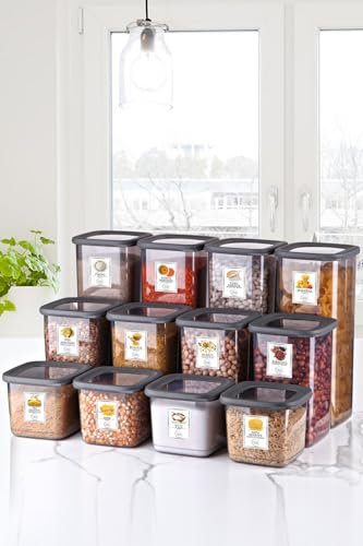 My Happy Home 12 Pcs Square Plastic Food Containers with Lids, BPA-Free Kitchen and Pantry Organiser with Labels, Stackable, Dishwasher Friendly