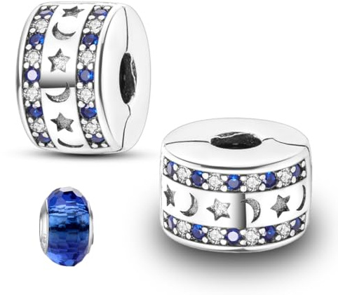 LNQOBU Clip/Stopper Charms pour Bracelet 925 Argent Sterling Pave Cubic Zirconia Charm Bead Star Moon Charme Bleu Papillon Charm Bijoux pour Femme