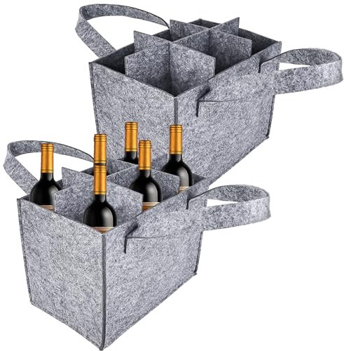 GAOUTO 2 Stück Flaschentasche: 24x18x16cm Flaschentasche aus Filz, 6 Flaschen Filztasche mit Trennwänden, Waschbar Wiederverwendbar Flaschen Filztasche für Bierflaschen Weinflaschen, Grau