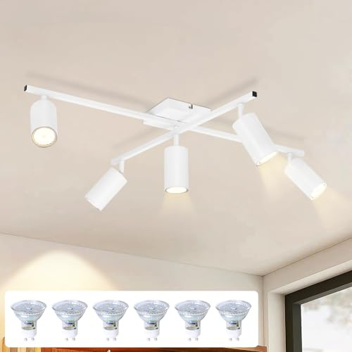 Kowanie LED Deckenstrahler Weiß Spots Deckenleuchte 5 Flammig Deckenspots | Küche 350°Schwenkbar modern Deckenlampe Strahler Wohnzimmerlampe Industrial für Esszimmer inkl. 6 × GU10 3000K Leuchtmittel