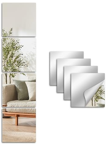 Snowdool Klebespiegel 29x29cm 4 Stück, Selbstklebend Glas für Schranktür | 2mm HD Gehärtetes Glas, Polierte Sicherheitskanten, Ohne Bohren, Langlebig, für Badezimmer, Tür, Wohnzimmer, Kinderzimmer