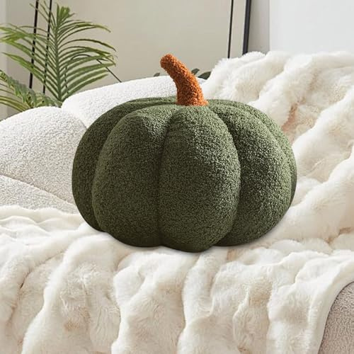 HIULLEN Kürbis Kissen, 28CM 3D Plüsch Kürbis Dekokissen Kopfkissen, Herbst Pumpkin Pillow, Halloween Plüsch Kürbis Kissen für Erntedankfest Halloween Schlafzimmer für Kinderzimmer Sofa Deko(Grün)