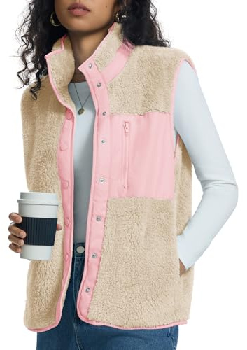 Kistore Fellweste Damen Teddy-Fleece Casual Leicht Stehkragen Lang Weste Outdoor Reißverschluss Gilets Damenweste(Apricot Rosa,XL)