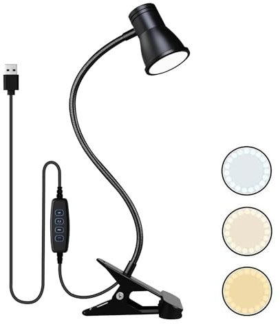GOEDCH 15,5 × 12 × 7,5 cm lampada a morsetto: lampada da lettura, lampada a morsetto dimmerabile con design a collo di cigno, 3 temperature di colore, funzionamento USB per lettura di libri, nail