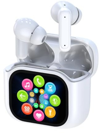 Wireless Earbuds with Smart Display Case, ANC Noise Reduction, Camera Control, White