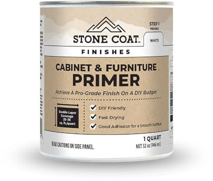 Stone Coat Cabinet and Furniture Primer, 1 Quart, Bright White Acrylic Primer for Cabinets, Trim, Doors, and Furniture, Water-Based, Quick Drying, High-Hiding, Low Odor, Strong Adhesion, Blocks Tannin