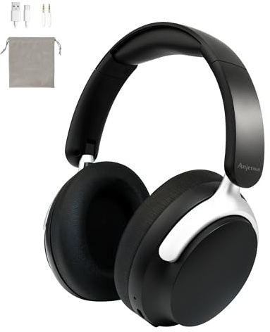 Anjetsun Wireless Headphones Over Ear with ANC, 80H Playtime, Fast Charge, Active Noise Cancelling & Transparency Mode, Comfortable Wireless Headphones for Work & Travel, Foldable Design Black